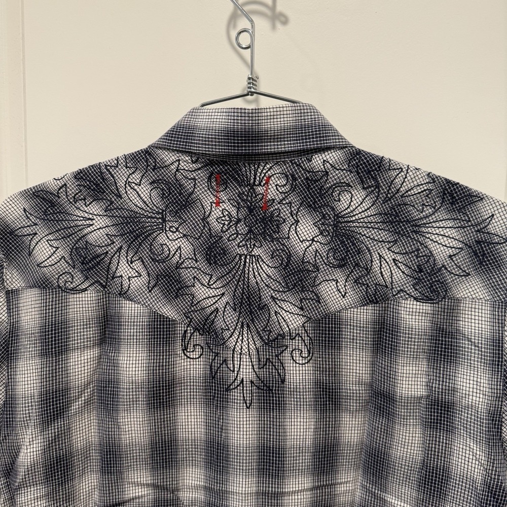 Vintage Red Mens L Western Shirt Plaid Embroidered Pearl Snap Cowboy 100% Cotton